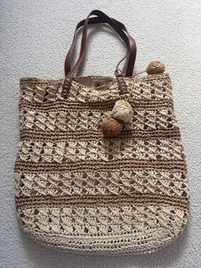 Woven Straw Tote Bag with Pom Pom Accents - Brown/Cream
